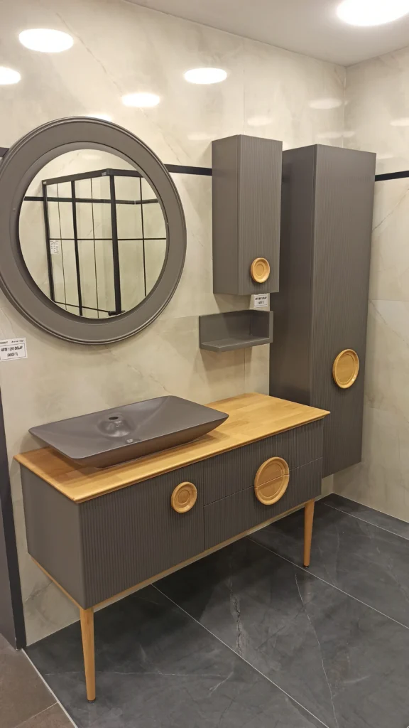 antrasit yuvarlak aynali banyo mobilyasi modelleri